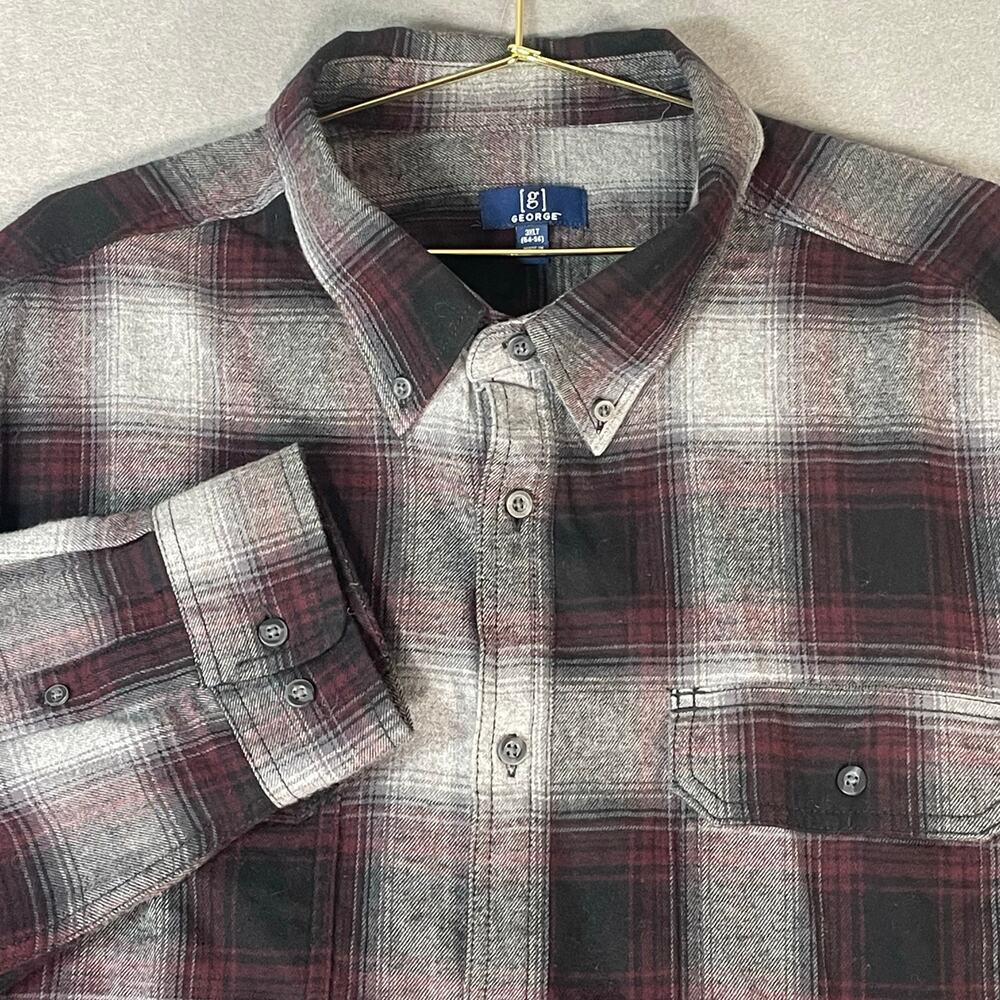 George Mens 3XLT Plaid Flannel Shirt Big Tall Red Gray Button Down
